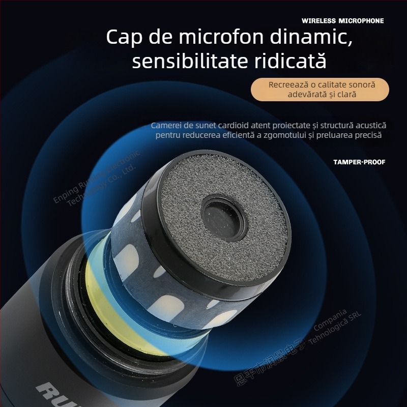 RUNJING R58A Microfon dinamic de mână pentru KTV și transmisii live, interval de frecvențe 60 Hz-15 kHz, SNR ≥85 dB, baterie 1000-1200 mAh înlocuibilă, autonomie 6-8 ore