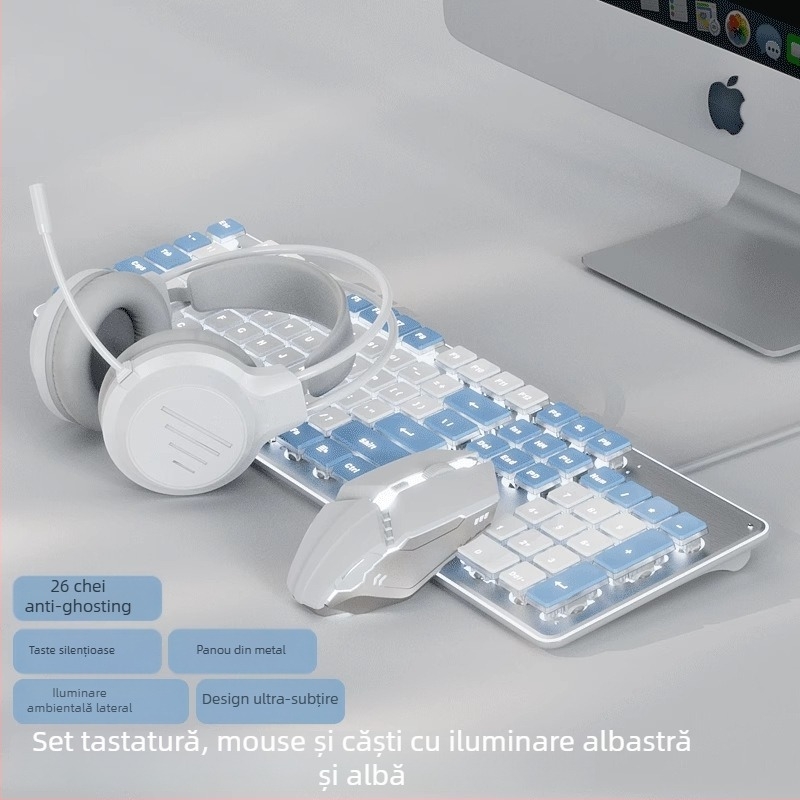 Set tastatură și mouse, silențios, cu fir, USB, 1600 DPI, iluminare, ergonomic, pentru casă/birou/jocuri