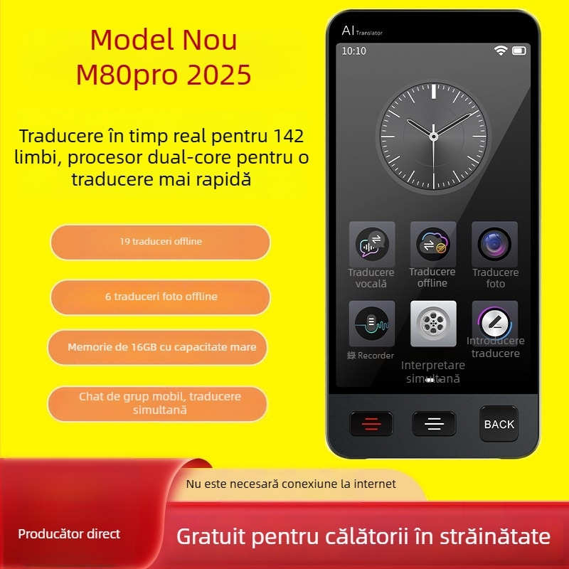 Common Language M80pro Translator — traducere AI în timp real, bazat pe Android, Bluetooth, rază de 10 m, control tactil + buton