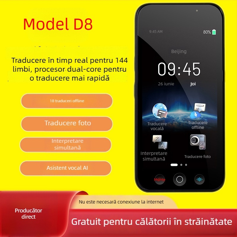 Common Language M80pro Translator — traducere AI în timp real, bazat pe Android, Bluetooth, rază de 10 m, control tactil + buton