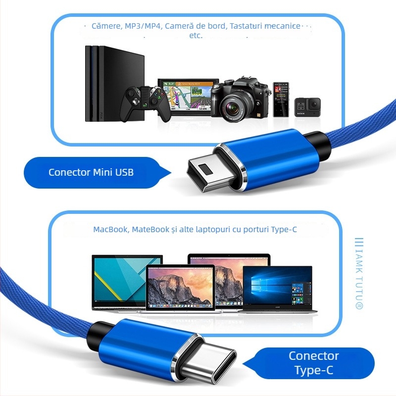 Cablu OTG USB-C pentru date cu conectori Mini USB la Type-C și T-Port, M-M, Digital Fox