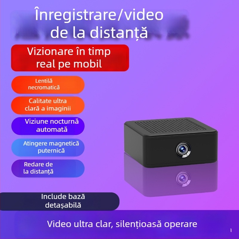 Cameră Wi‑Fi mică pentru monitorizare casnică, 1080P, obiectiv unghi larg, suport card TF, vedere de noapte, detecție mișcare cu alerte