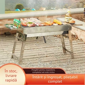 Grill BBQ din oțel inoxidabil, pliabil, pătrat, plasă de grătar 304, cu strat antiaderent, set complet pentru camping