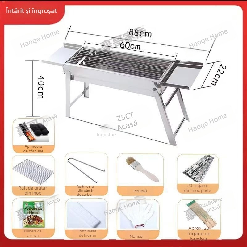 Grill BBQ din oțel inoxidabil, pliabil, pătrat, plasă de grătar 304, cu strat antiaderent, set complet pentru camping