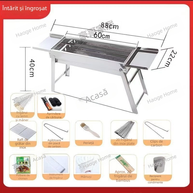 Grill BBQ din oțel inoxidabil, pliabil, pătrat, plasă de grătar 304, cu strat antiaderent, set complet pentru camping