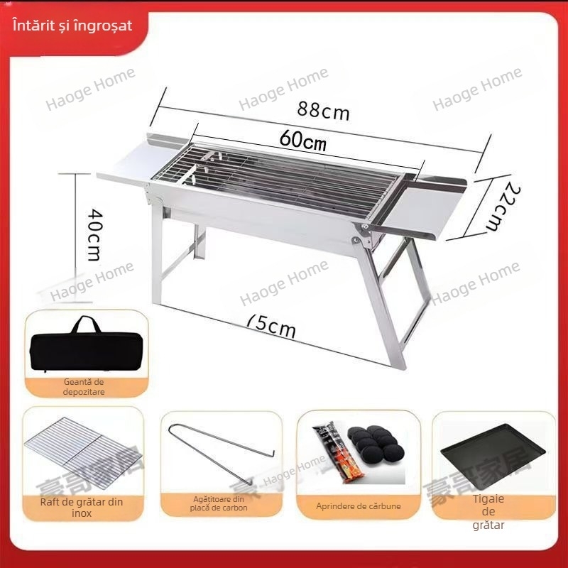 Grill BBQ din oțel inoxidabil, pliabil, pătrat, plasă de grătar 304, cu strat antiaderent, set complet pentru camping