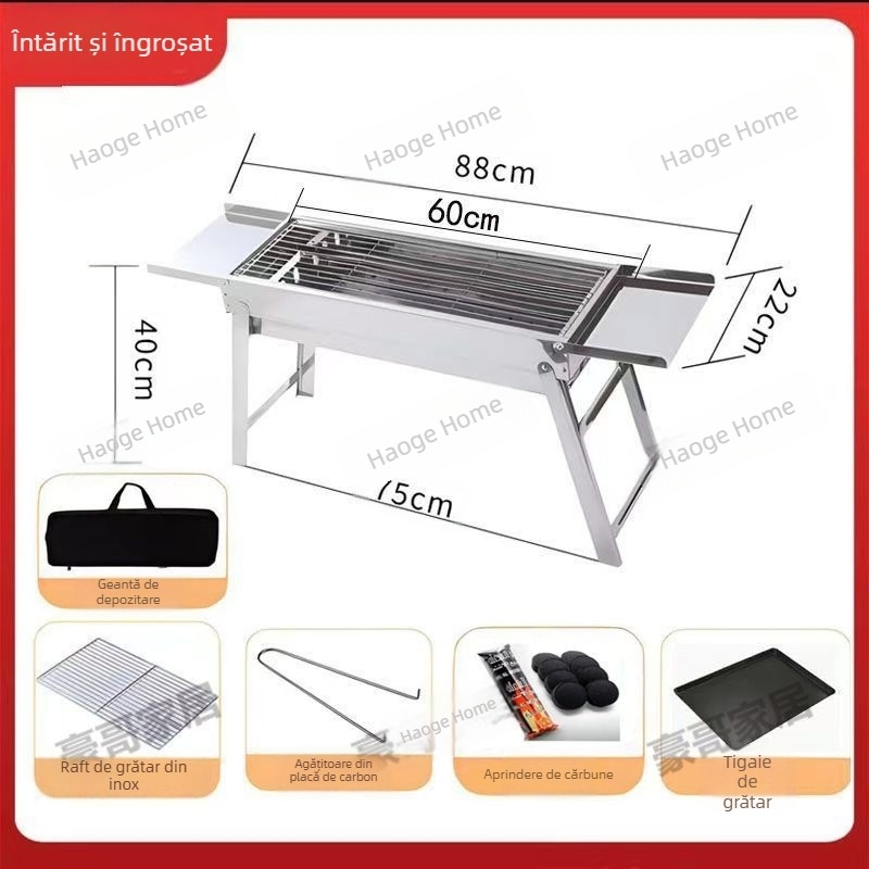 Grill BBQ din oțel inoxidabil, pliabil, pătrat, plasă de grătar 304, cu strat antiaderent, set complet pentru camping