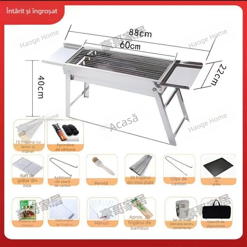 Grill BBQ din oțel inoxidabil, pliabil, pătrat, plasă de grătar 304, cu strat antiaderent, set complet pentru camping