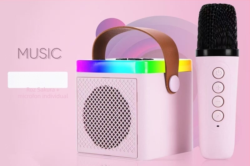 Boxă karaoke pentru casă cu două microfoane, Bluetooth 5.3, ieșire 5W, baterie Li-ion încorporată, răspuns în frecvență 60 Hz–15 kHz