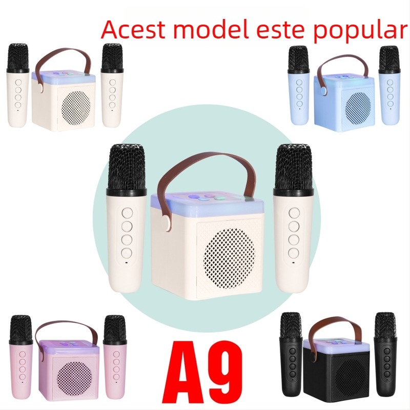 Boxă karaoke pentru casă cu două microfoane, Bluetooth 5.3, ieșire 5W, baterie Li-ion încorporată, răspuns în frecvență 60 Hz–15 kHz