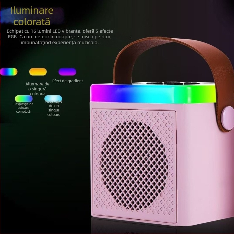 Boxă karaoke pentru casă cu două microfoane, Bluetooth 5.3, ieșire 5W, baterie Li-ion încorporată, răspuns în frecvență 60 Hz–15 kHz