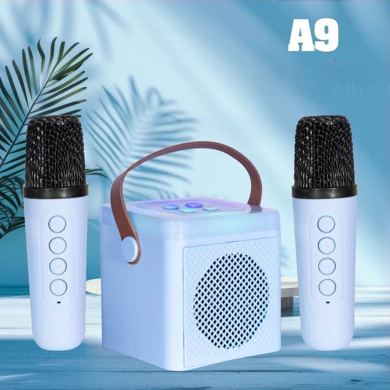 Boxă karaoke pentru casă cu două microfoane, Bluetooth 5.3, ieșire 5W, baterie Li-ion încorporată, răspuns în frecvență 60 Hz–15 kHz