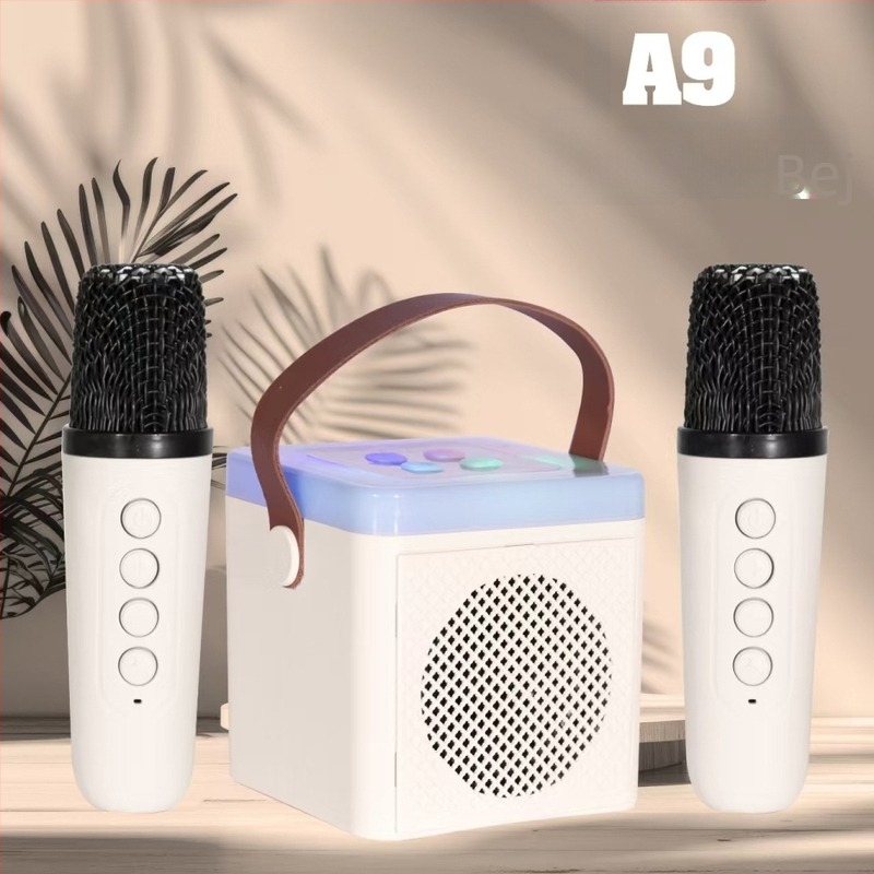 Boxă karaoke pentru casă cu două microfoane, Bluetooth 5.3, ieșire 5W, baterie Li-ion încorporată, răspuns în frecvență 60 Hz–15 kHz