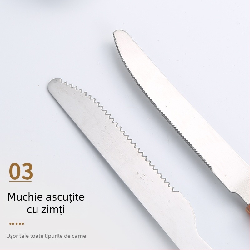 Set de cuțite și furci pentru grătar în aer liber, cu mânere din lemn și lame din oțel inoxidabil — include cuțit pentru carne, cuțit pentru friptură și furci de grătar, în stil minimalist modern