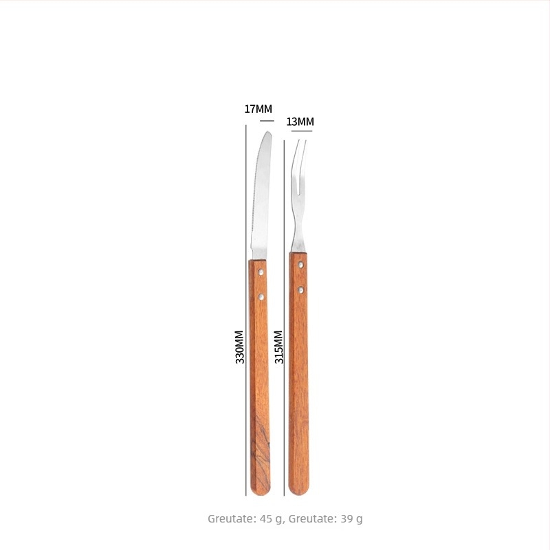 Set de cuțite și furci pentru grătar în aer liber, cu mânere din lemn și lame din oțel inoxidabil — include cuțit pentru carne, cuțit pentru friptură și furci de grătar, în stil minimalist modern
