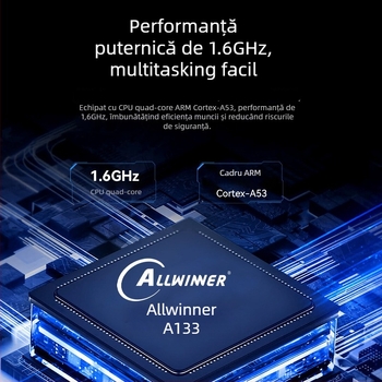 Placă Android Allwinner A133, quad-core 1.8 GHz, 1GB RAM + 8GB flash, alimentare 12V 2A, USB: 2 porturi host (OTG opțional) + 3 porturi USB, TTL 3.3V serial, pentru afișaje publicitare și semnalizare digitală