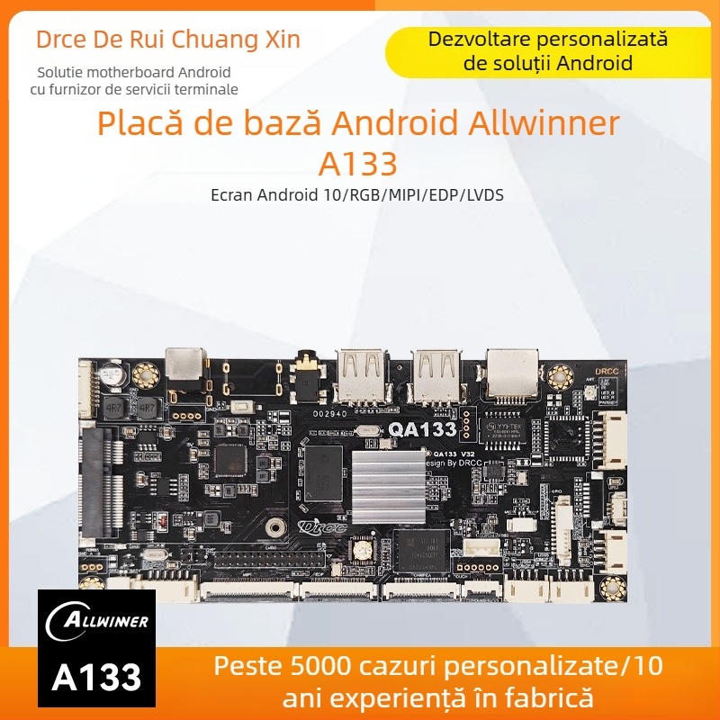 Placă Android Allwinner A133, quad-core 1.8 GHz, 1GB RAM + 8GB flash, alimentare 12V 2A, USB: 2 porturi host (OTG opțional) + 3 porturi USB, TTL 3.3V serial, pentru afișaje publicitare și semnalizare digitală