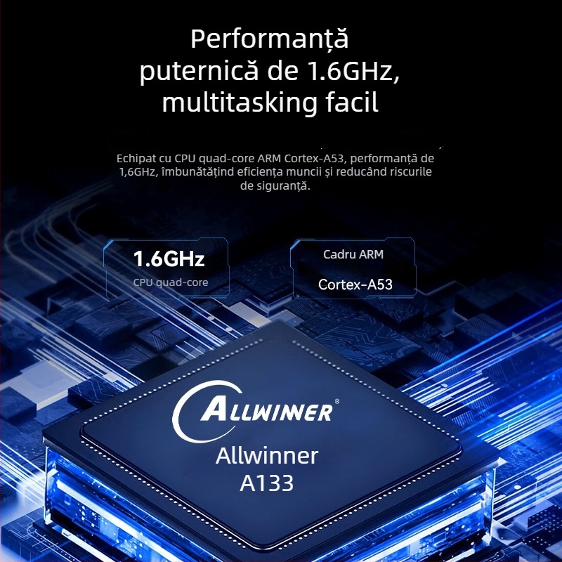 Placă Android Allwinner A133, quad-core 1.8 GHz, 1GB RAM + 8GB flash, alimentare 12V 2A, USB: 2 porturi host (OTG opțional) + 3 porturi USB, TTL 3.3V serial, pentru afișaje publicitare și semnalizare digitală