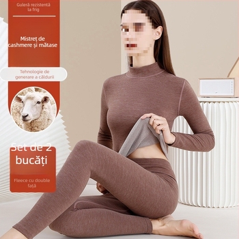 Set de lenjerie termică din lână pentru femei - guler înalt, mâneci lungi, model monocrom, țesătură din lână, stil japonez-coreean lejer