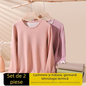 Set de lenjerie termică din lână pentru femei - guler înalt, mâneci lungi, model monocrom, țesătură din lână, stil japonez-coreean lejer