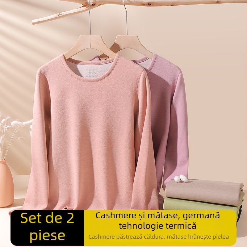 Set de lenjerie termică din lână pentru femei - guler înalt, mâneci lungi, model monocrom, țesătură din lână, stil japonez-coreean lejer