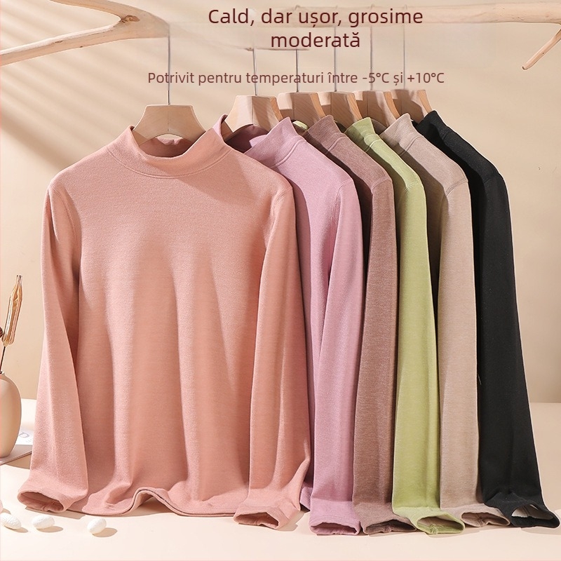 Set de lenjerie termică din lână pentru femei - guler înalt, mâneci lungi, model monocrom, țesătură din lână, stil japonez-coreean lejer