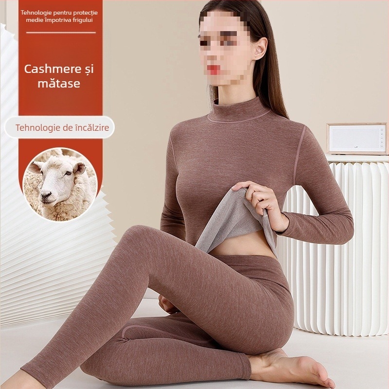 Set de lenjerie termică din lână pentru femei - guler înalt, mâneci lungi, model monocrom, țesătură din lână, stil japonez-coreean lejer
