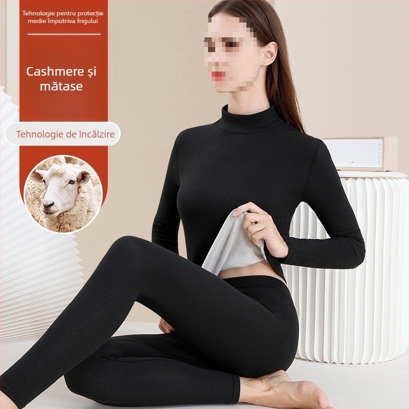 Set de lenjerie termică din lână pentru femei - guler înalt, mâneci lungi, model monocrom, țesătură din lână, stil japonez-coreean lejer