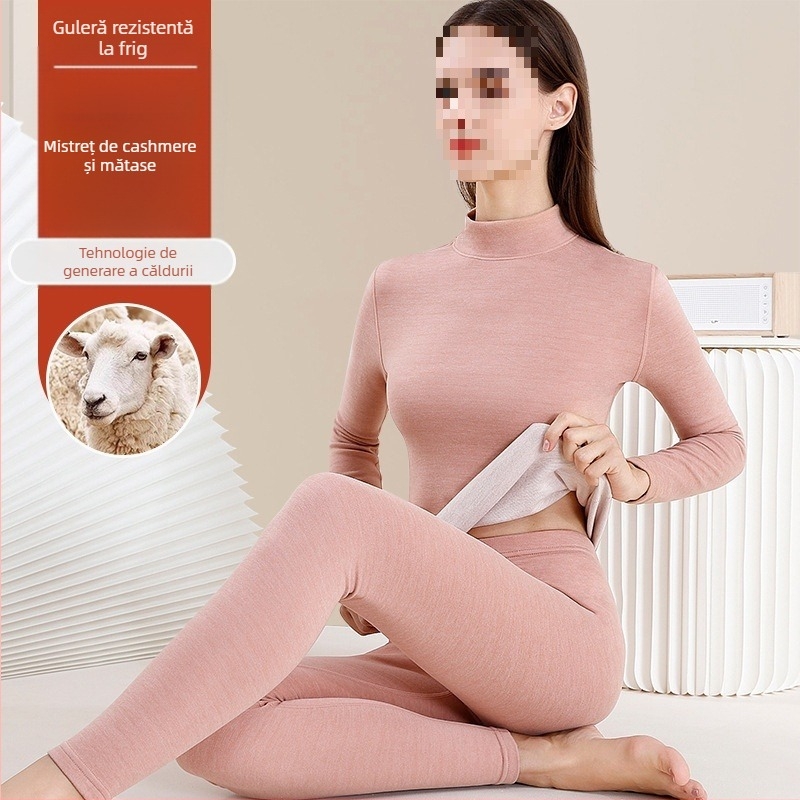 Set de lenjerie termică din lână pentru femei - guler înalt, mâneci lungi, model monocrom, țesătură din lână, stil japonez-coreean lejer