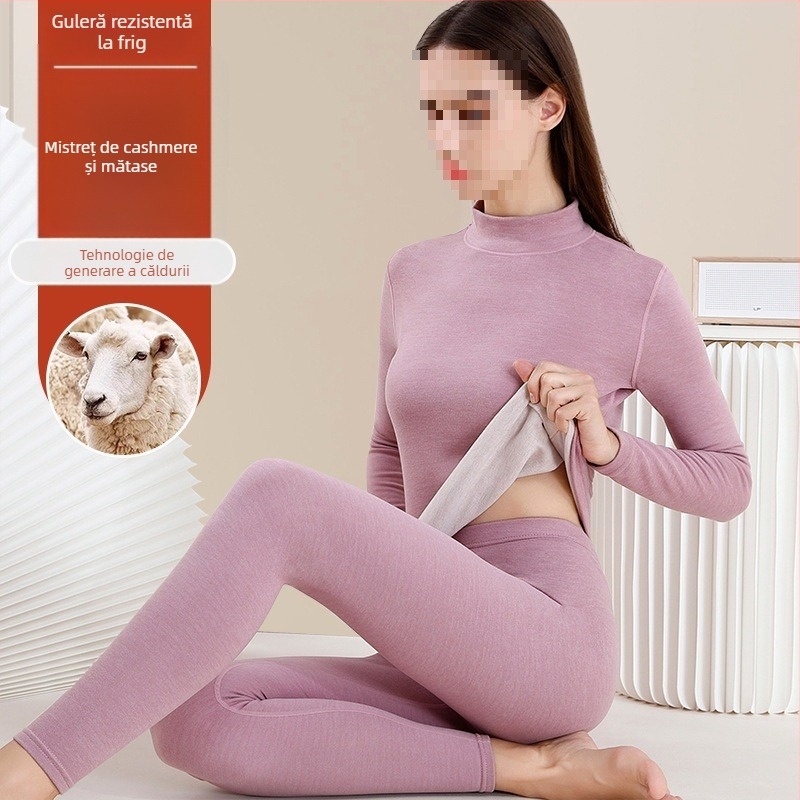 Set de lenjerie termică din lână pentru femei - guler înalt, mâneci lungi, model monocrom, țesătură din lână, stil japonez-coreean lejer