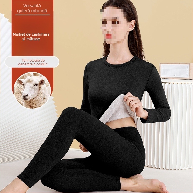 Set de lenjerie termică din lână pentru femei - guler înalt, mâneci lungi, model monocrom, țesătură din lână, stil japonez-coreean lejer