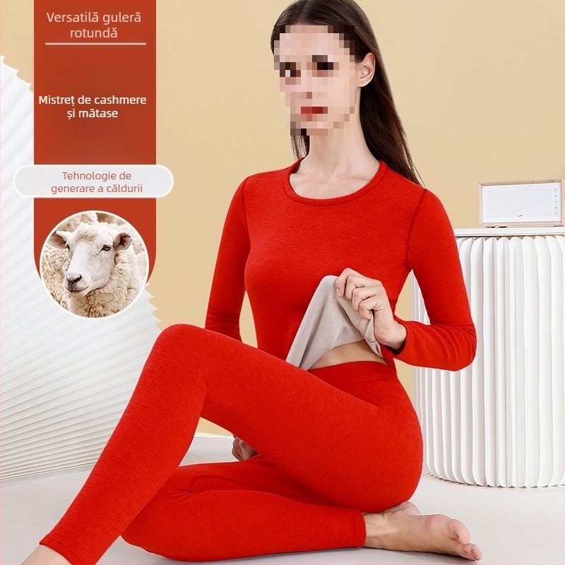 Set de lenjerie termică din lână pentru femei - guler înalt, mâneci lungi, model monocrom, țesătură din lână, stil japonez-coreean lejer