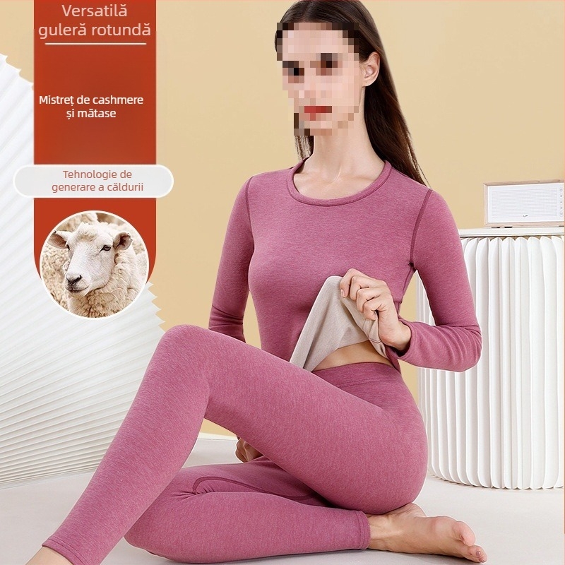 Set de lenjerie termică din lână pentru femei - guler înalt, mâneci lungi, model monocrom, țesătură din lână, stil japonez-coreean lejer