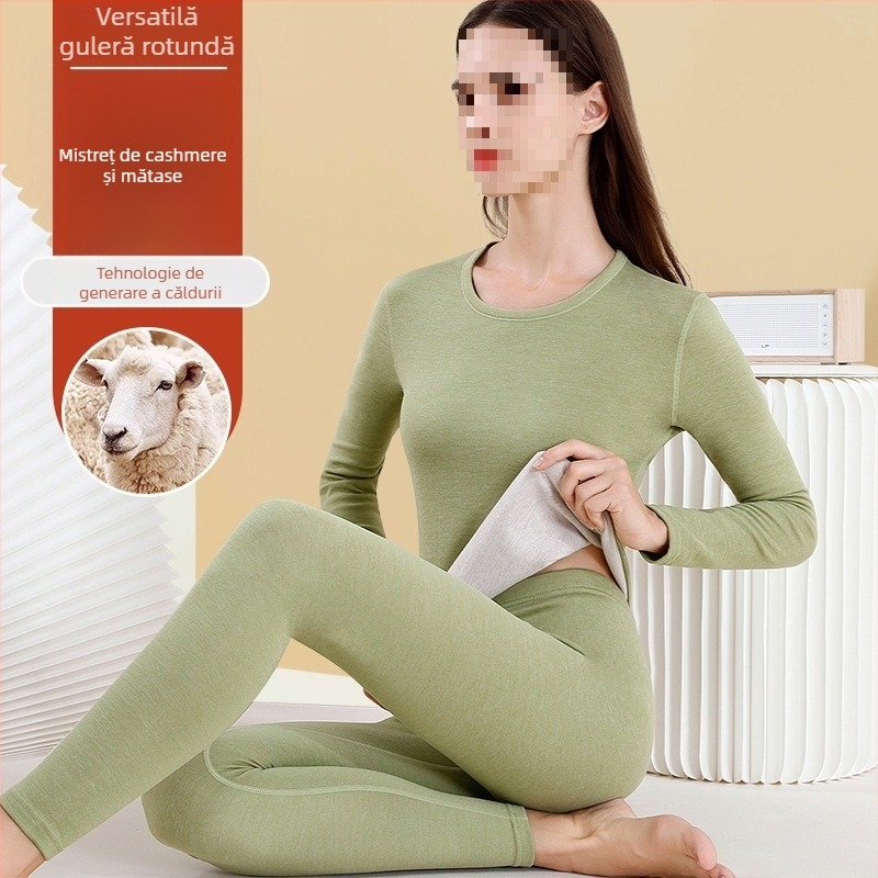 Set de lenjerie termică din lână pentru femei - guler înalt, mâneci lungi, model monocrom, țesătură din lână, stil japonez-coreean lejer