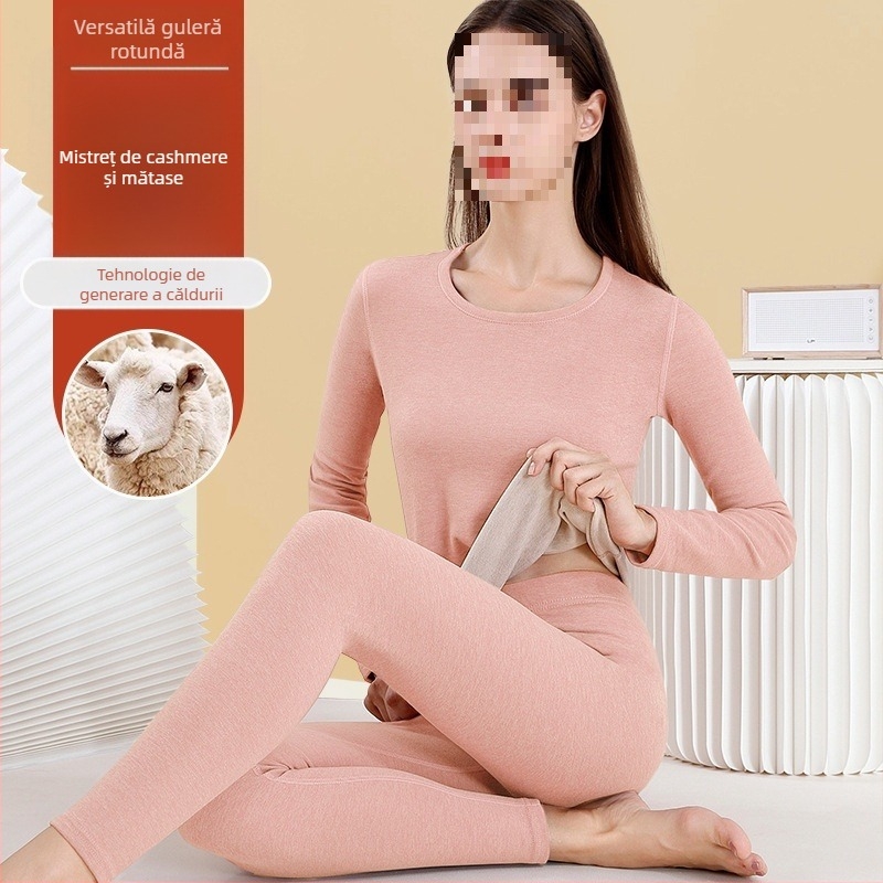 Set de lenjerie termică din lână pentru femei - guler înalt, mâneci lungi, model monocrom, țesătură din lână, stil japonez-coreean lejer