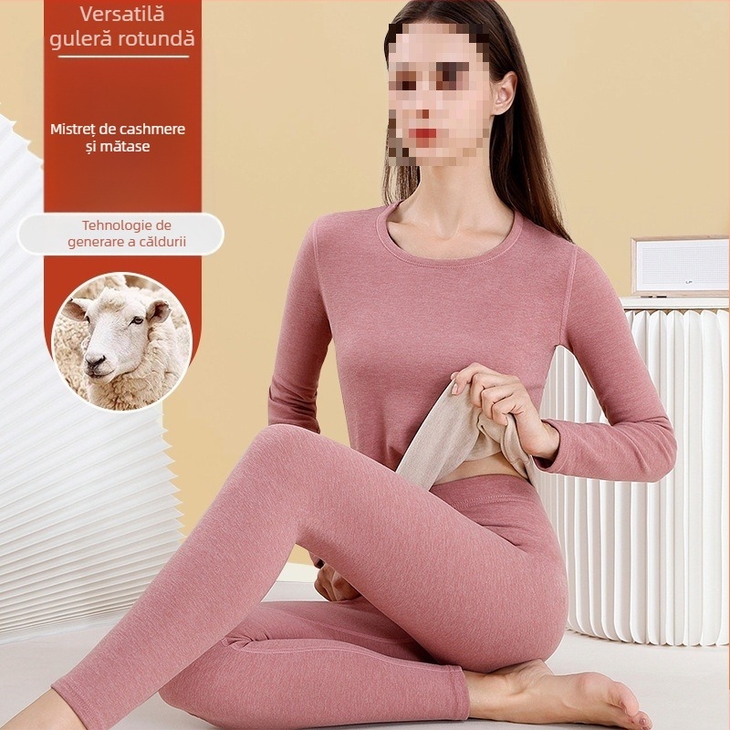 Set de lenjerie termică din lână pentru femei - guler înalt, mâneci lungi, model monocrom, țesătură din lână, stil japonez-coreean lejer