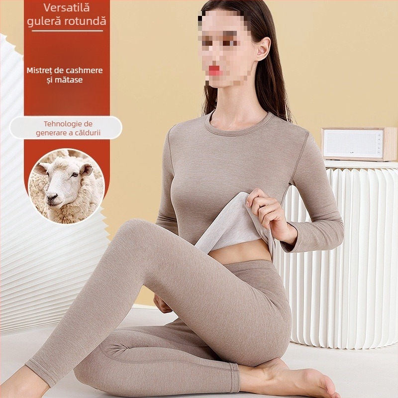 Set de lenjerie termică din lână pentru femei - guler înalt, mâneci lungi, model monocrom, țesătură din lână, stil japonez-coreean lejer