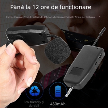 Microfon-pickup pentru instrumente muzicale – baterie încorporată 300–500 mAh; răspuns în frecvență 100 Hz–20 kHz; SNR ≥70 dB; autonomie >12 h; alimentare 5 V