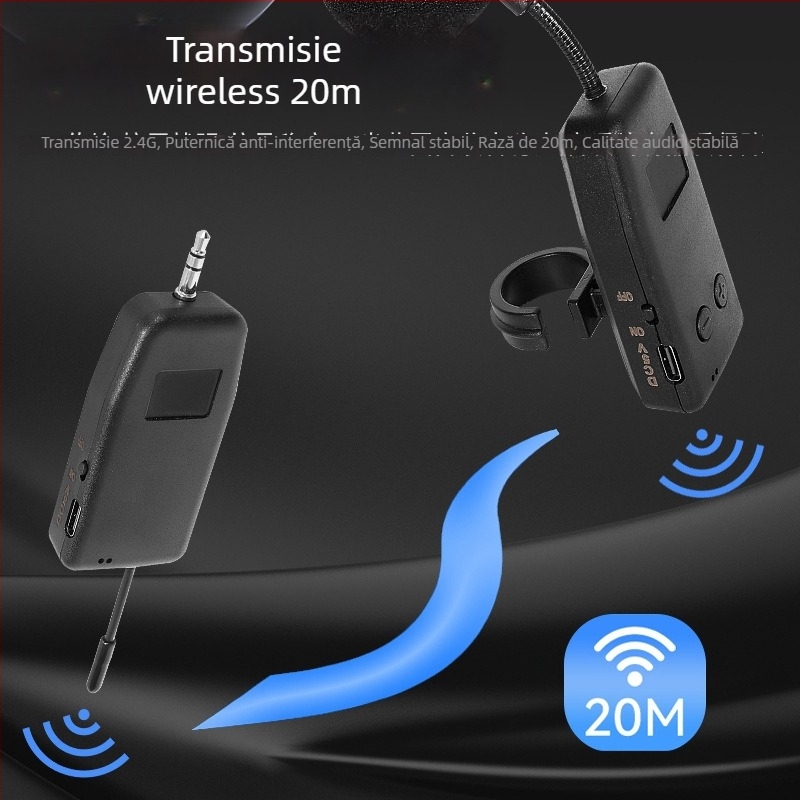 Microfon-pickup pentru instrumente muzicale – baterie încorporată 300–500 mAh; răspuns în frecvență 100 Hz–20 kHz; SNR ≥70 dB; autonomie >12 h; alimentare 5 V