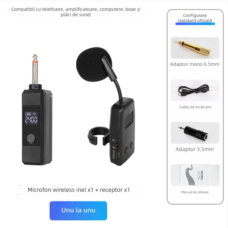 Microfon-pickup pentru instrumente muzicale – baterie încorporată 300–500 mAh; răspuns în frecvență 100 Hz–20 kHz; SNR ≥70 dB; autonomie >12 h; alimentare 5 V