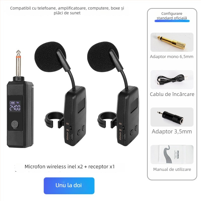 Microfon-pickup pentru instrumente muzicale – baterie încorporată 300–500 mAh; răspuns în frecvență 100 Hz–20 kHz; SNR ≥70 dB; autonomie >12 h; alimentare 5 V