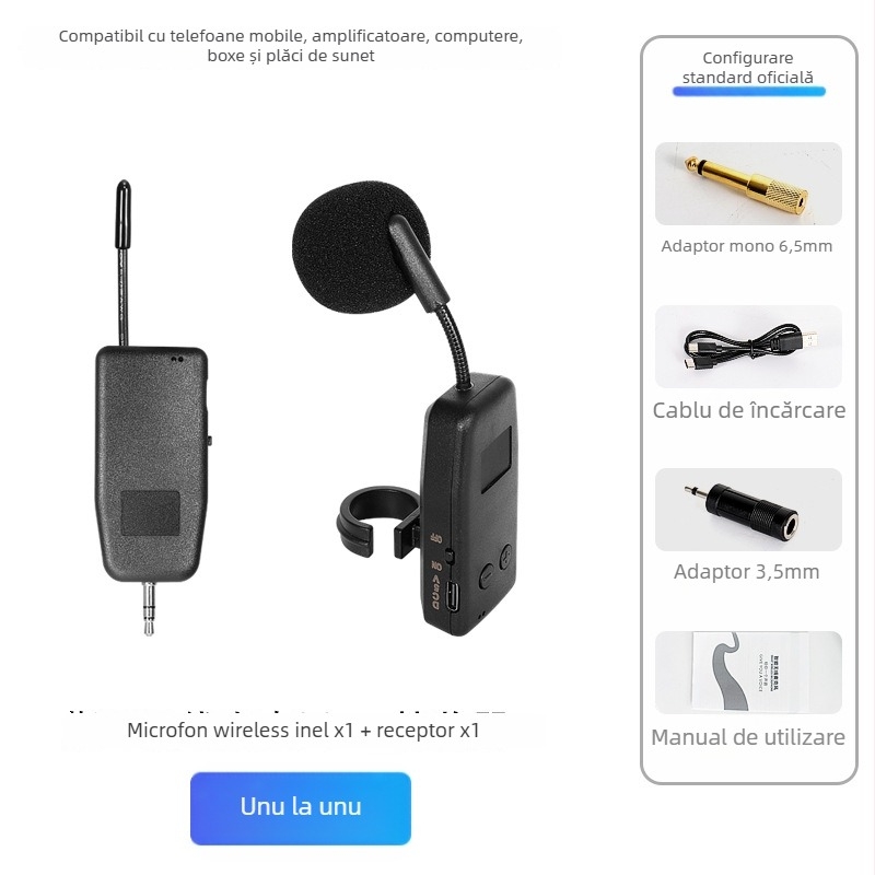 Microfon-pickup pentru instrumente muzicale – baterie încorporată 300–500 mAh; răspuns în frecvență 100 Hz–20 kHz; SNR ≥70 dB; autonomie >12 h; alimentare 5 V