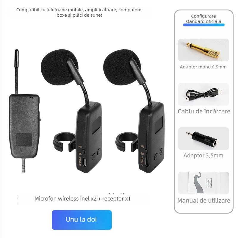 Microfon-pickup pentru instrumente muzicale – baterie încorporată 300–500 mAh; răspuns în frecvență 100 Hz–20 kHz; SNR ≥70 dB; autonomie >12 h; alimentare 5 V