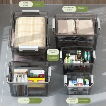 Cutie transparentă de depozitare, capacitate 30–40 L, din plastic PP, cu capac și mâner, pentru haine, jucării și gustări