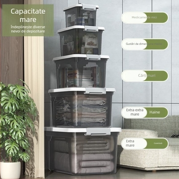 Cutie transparentă de depozitare, capacitate 30–40 L, din plastic PP, cu capac și mâner, pentru haine, jucării și gustări