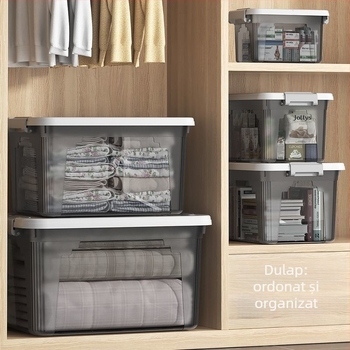 Cutie transparentă de depozitare, capacitate 30–40 L, din plastic PP, cu capac și mâner, pentru haine, jucării și gustări