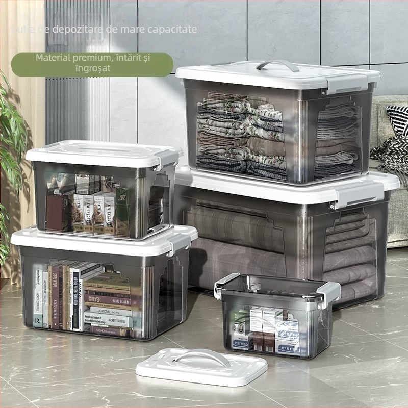 Cutie transparentă de depozitare, capacitate 30–40 L, din plastic PP, cu capac și mâner, pentru haine, jucării și gustări