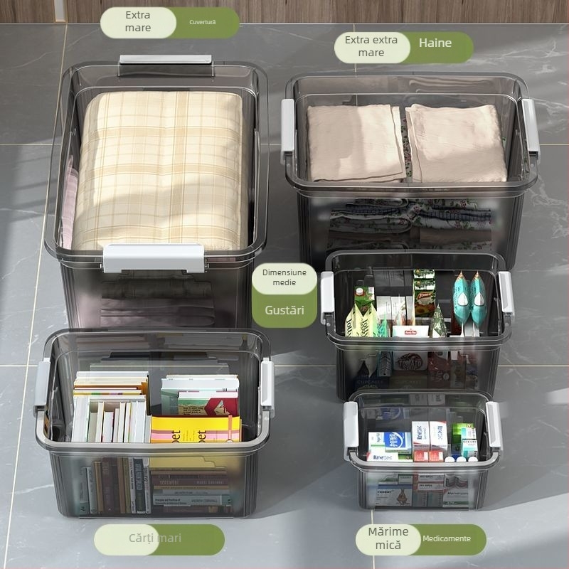 Cutie transparentă de depozitare, capacitate 30–40 L, din plastic PP, cu capac și mâner, pentru haine, jucării și gustări