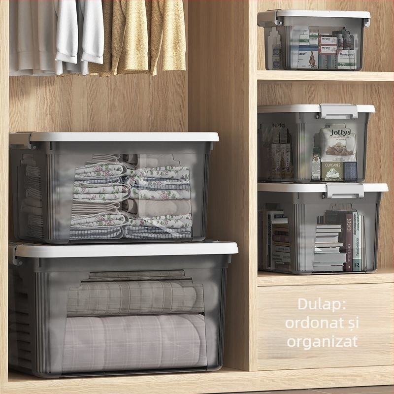 Cutie transparentă de depozitare, capacitate 30–40 L, din plastic PP, cu capac și mâner, pentru haine, jucării și gustări