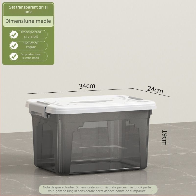 Cutie transparentă de depozitare, capacitate 30–40 L, din plastic PP, cu capac și mâner, pentru haine, jucării și gustări